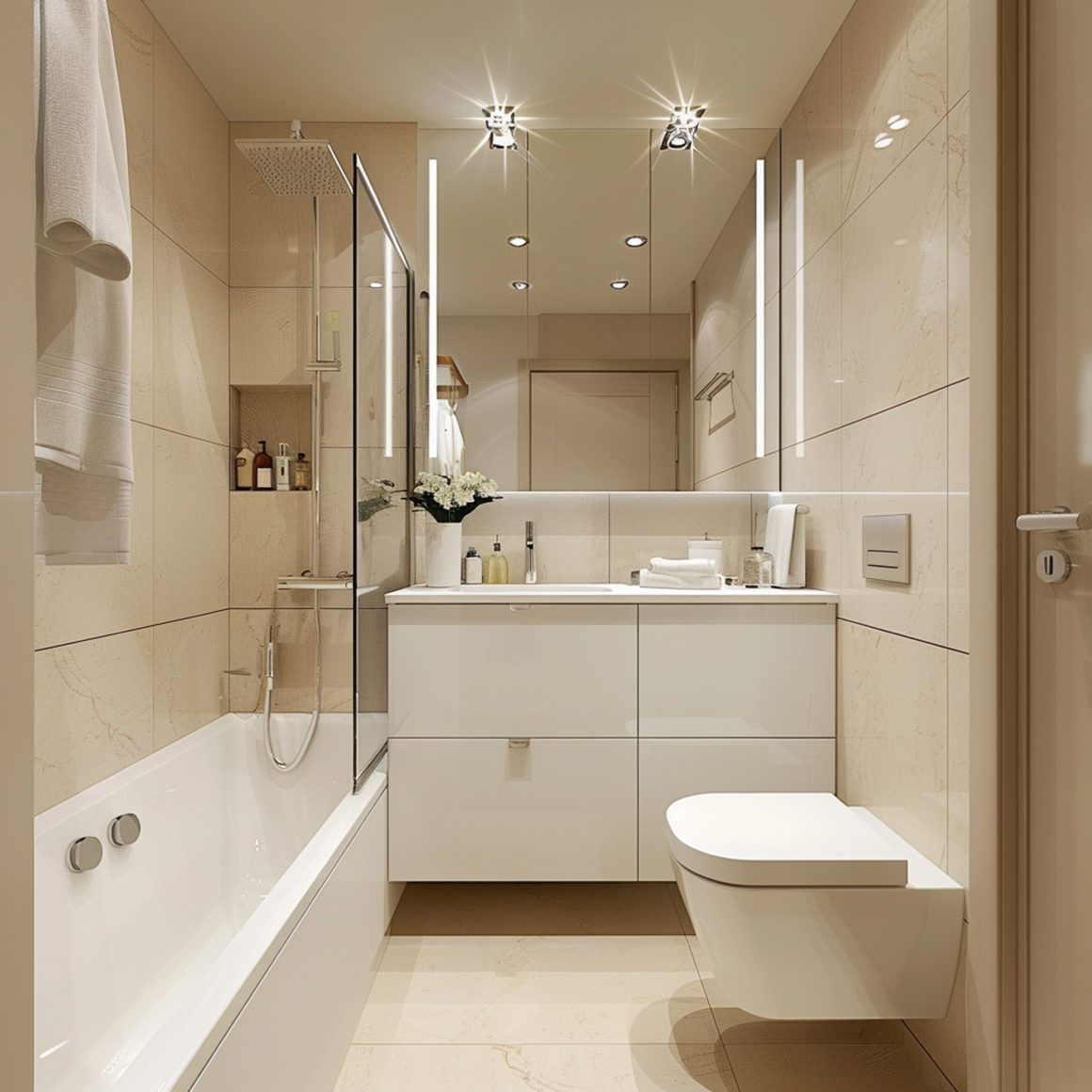 Salle de bains beige : baignoire avec pare-douche, meuble lavabo blanc, miroir et WC suspendu