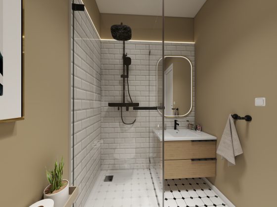 Petite salle de bain beige avec douche à l'italienne vitrée, meuble vasque flottant et éclairage doux
