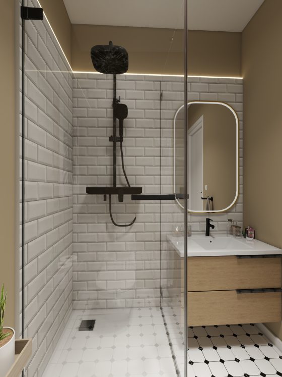 Petite salle de bain beige avec douche à l'italienne vitrée, meuble vasque flottant et éclairage doux