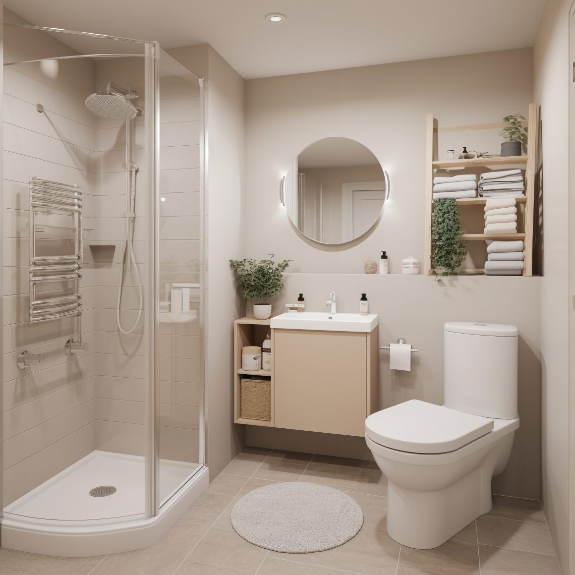 Salle de bain avec douche vitrée, meuble vasque beige, miroir, étagères avec serviettes, plantes et WC