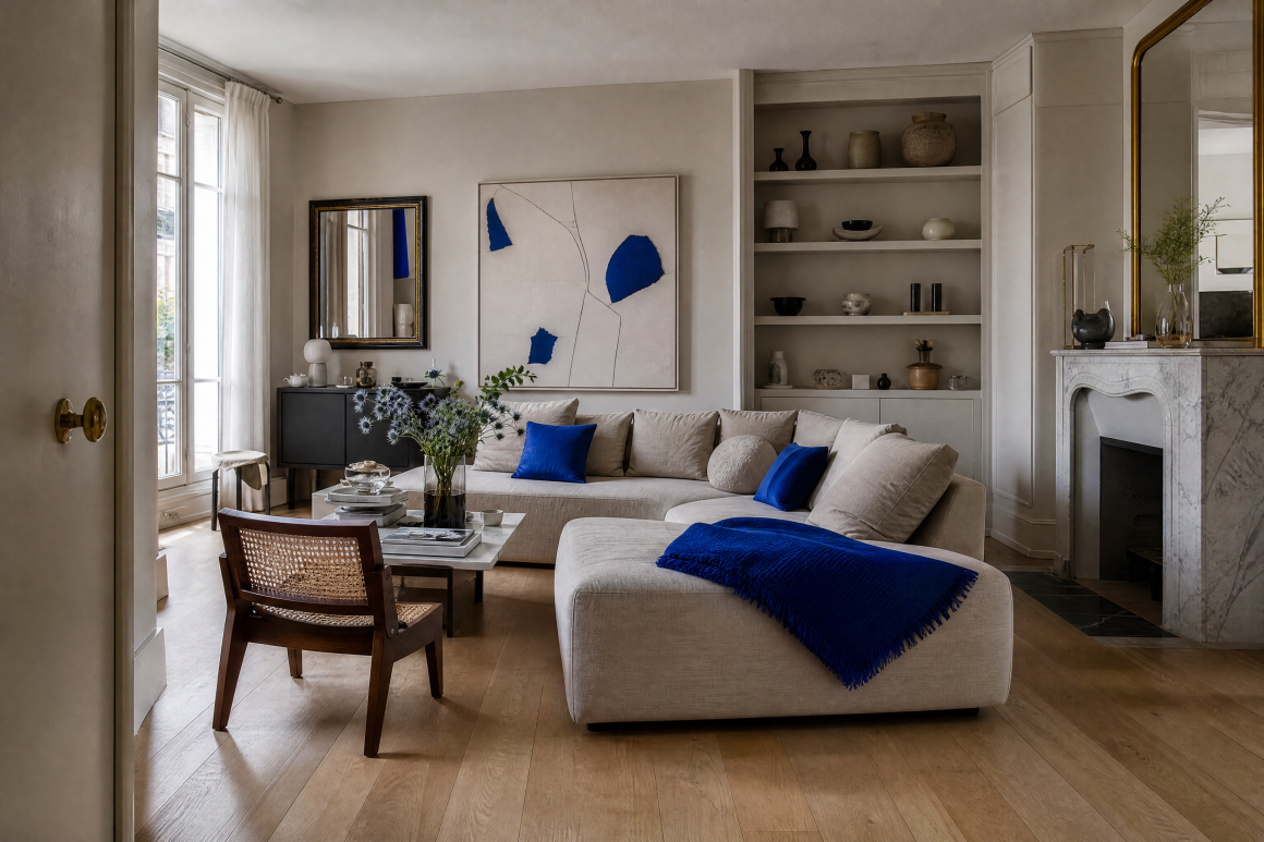 Salon aux tons neutres avec canapé beige, accents bleu lumineux, parquet clair, cheminée en marbre et étagères décorées