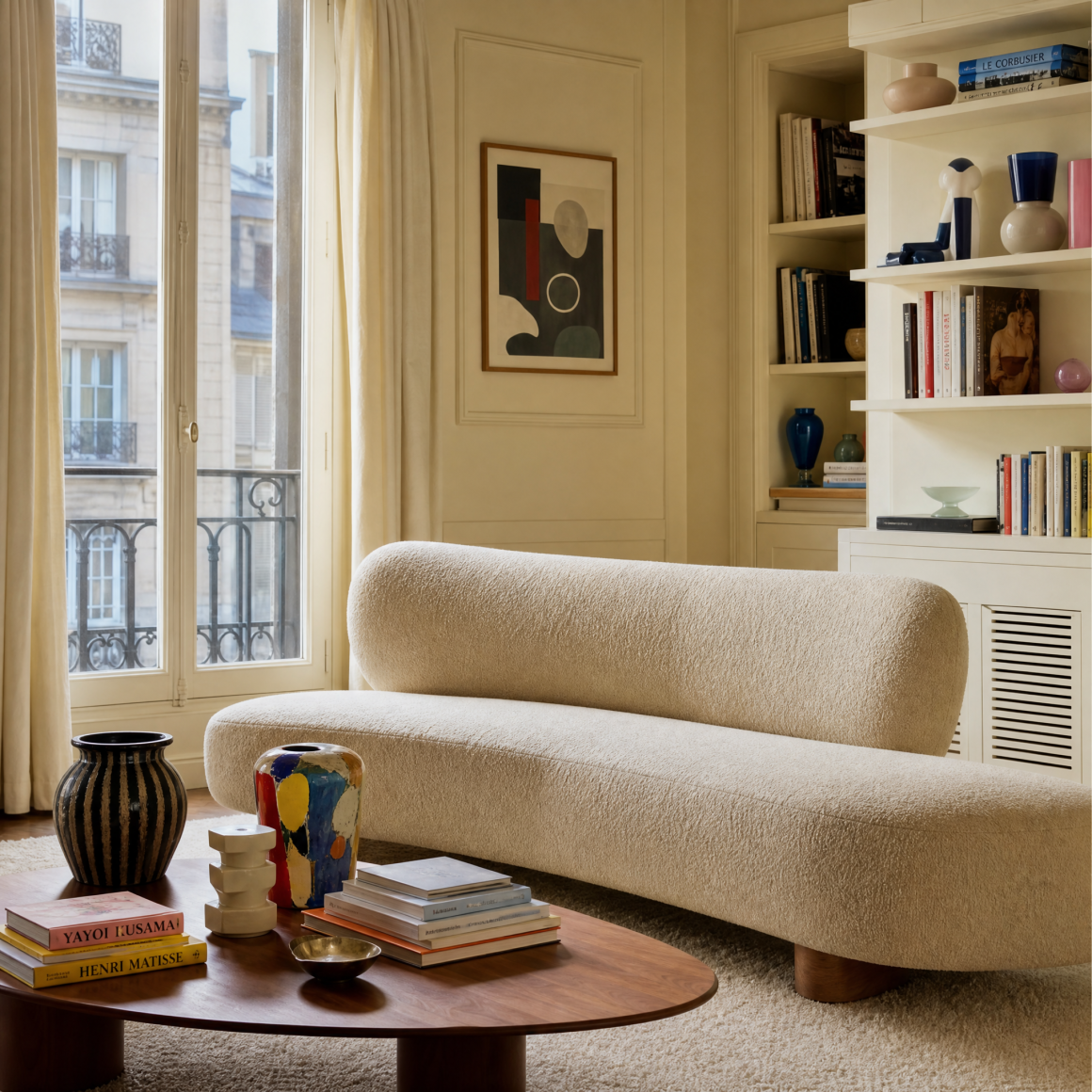Canapé crème avec table basse en bois, vases colorés, étagères et grandes fenêtres donnant sur balcon