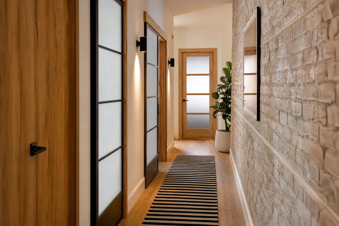 Couloir en bois avec briques apparentes, portes vitrées, tapis rayé, éclairage mural et plante
