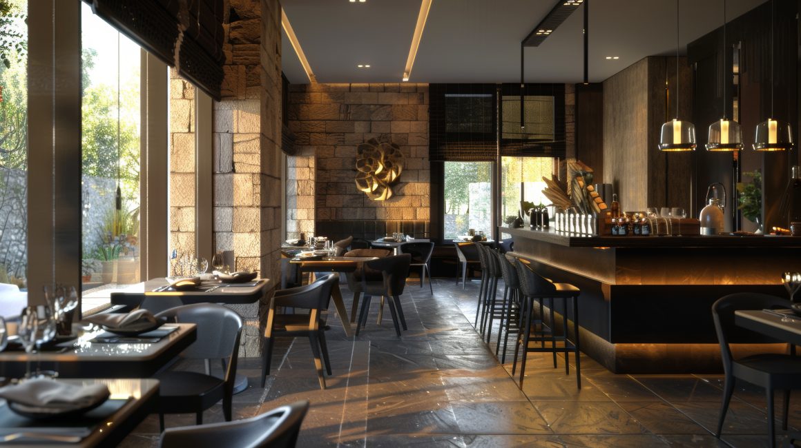 Restaurant élégant : lumière dorée, bar lumineux, murs en pierre, grandes fenêtres et tables soignées