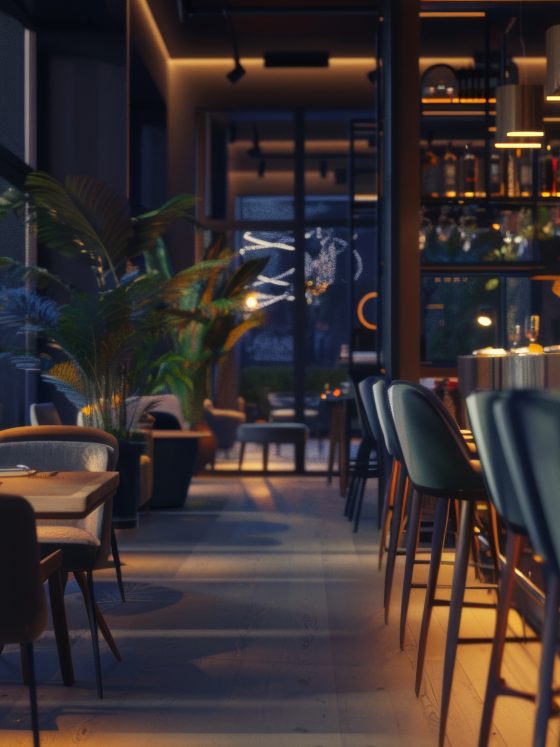 Déco bar restaurant chaleureux avec éclairage tamisé et plantes