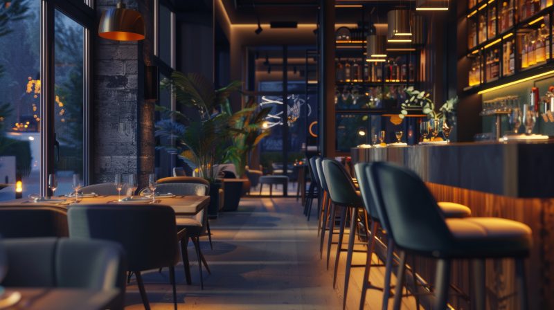 Déco bar restaurant chaleureux avec éclairage tamisé et plantes