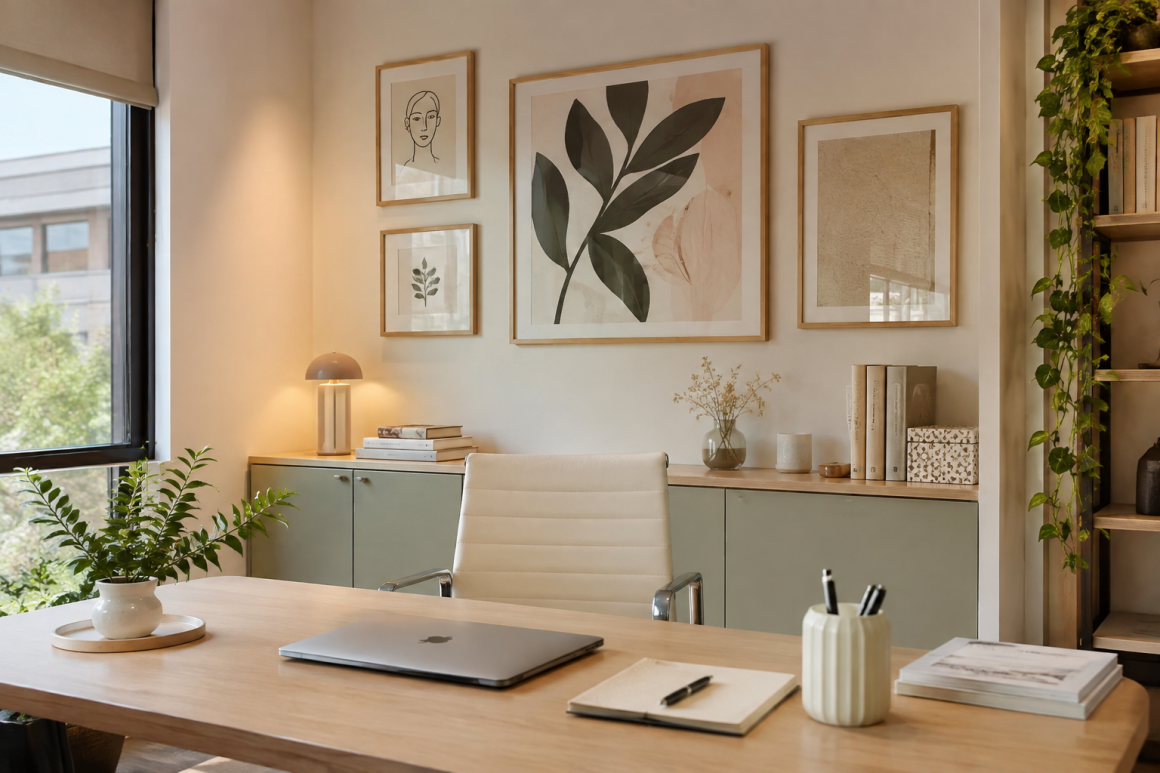 Déco bureau professionnel femme : mobilier en bois clair, plantes, lampes et cadres botaniques