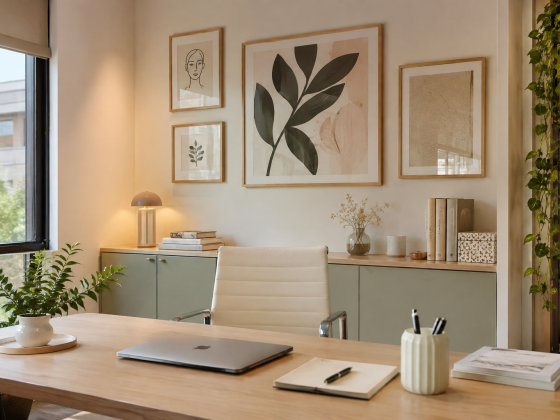 Déco bureau professionnel femme : mobilier en bois clair, plantes, lampes et cadres botaniques
