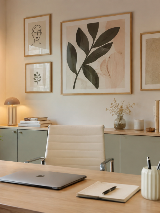 Déco bureau professionnel femme : mobilier en bois clair, plantes, lampes et cadres botaniques