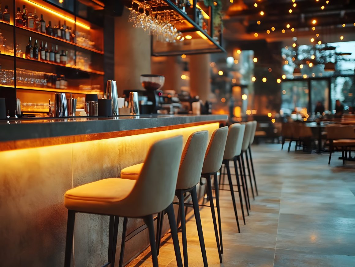 Bar d'un restaurant cosy avec tabourets alignés, éclairage chaud et verres suspendus
