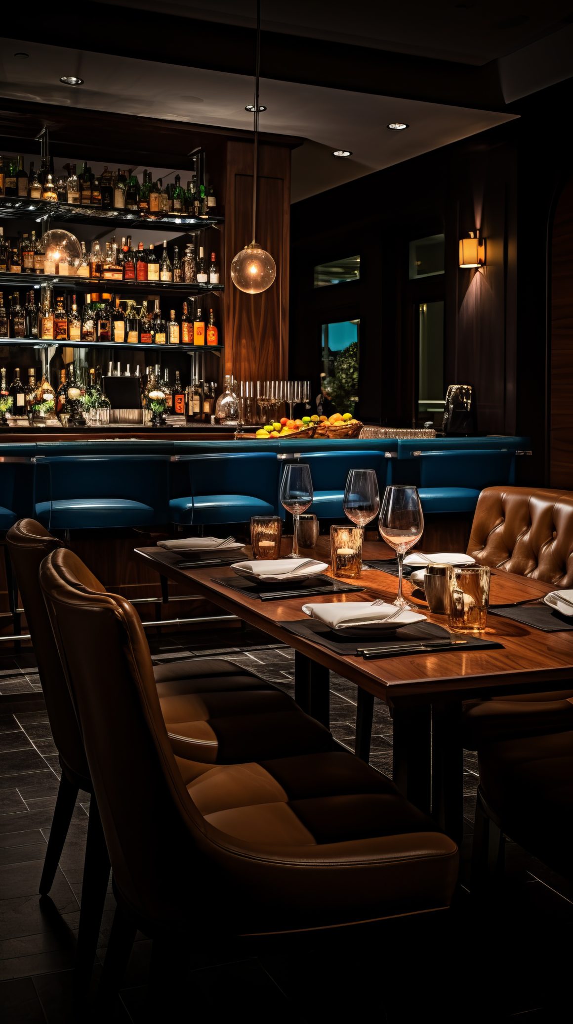 Restaurant avec bar lumineux, sièges en cuir, table dressée et ambiance chaleureuse