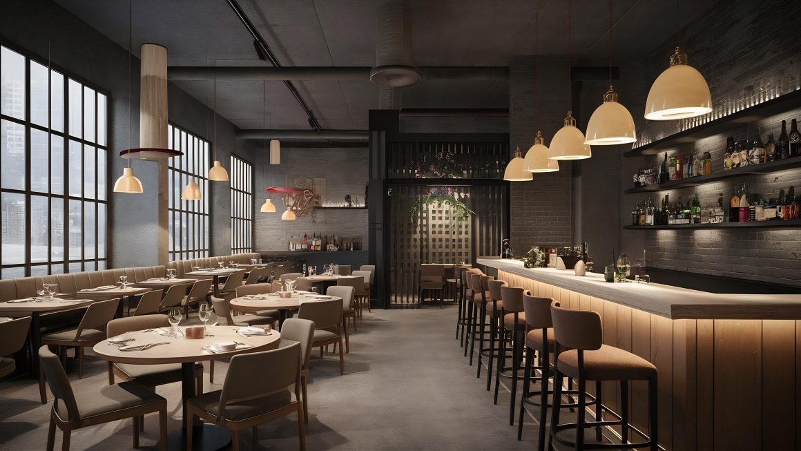 Restaurant moderne avec bar, tables rondes, éclairage suspendu doux et grandes fenêtres
