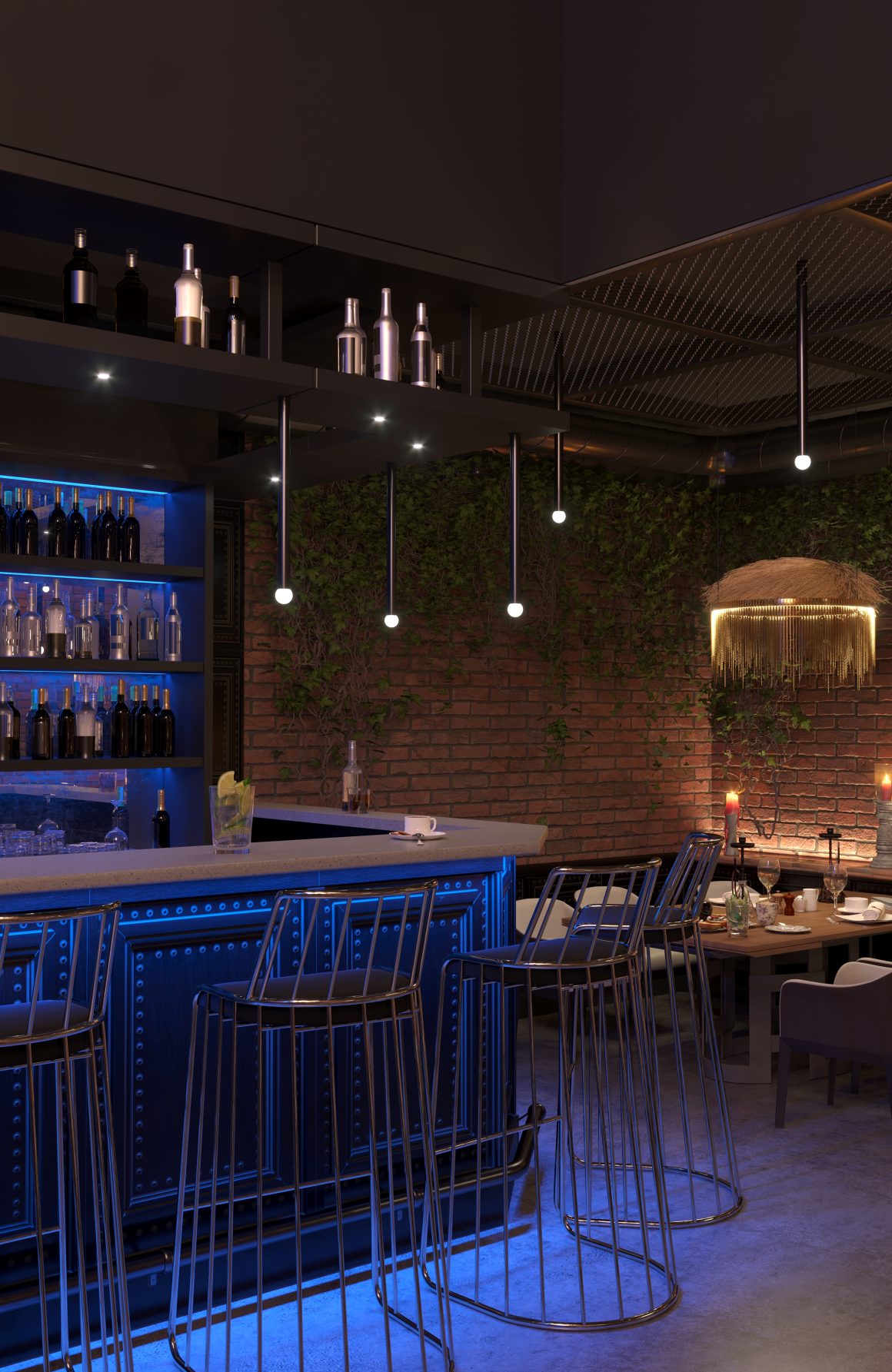 Décoration bar restaurant avec éclairage bleu chaud, bouteilles en arrière-plan, mur en briques et plantes grimpantes