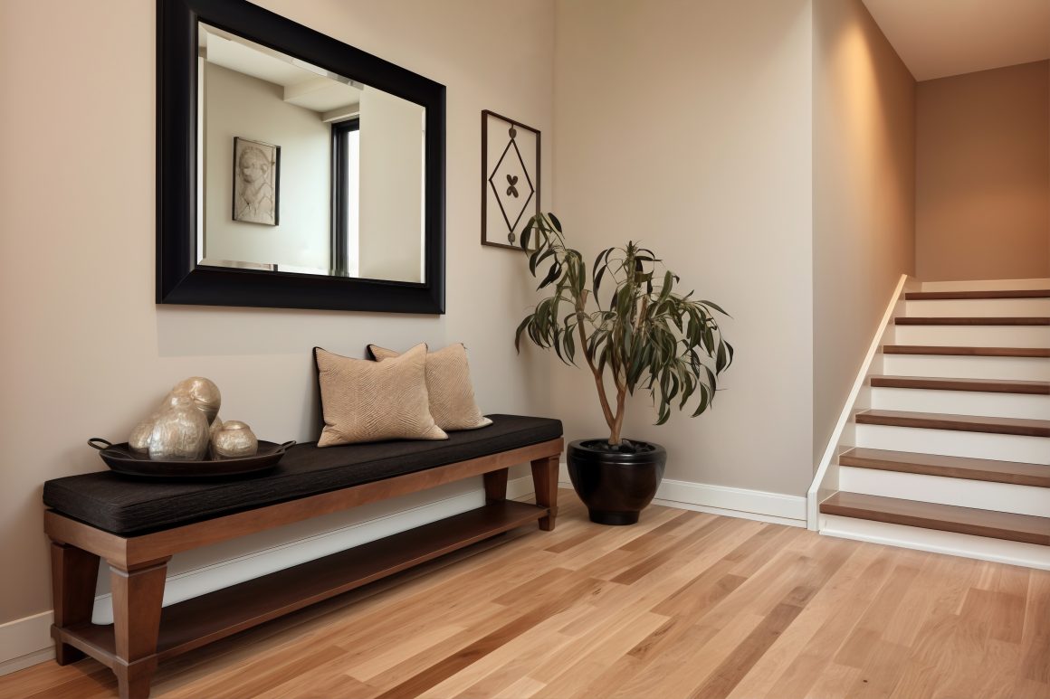 Entrée moderne : banc en bois, coussins beiges, miroir, plante en pot et sol parquet