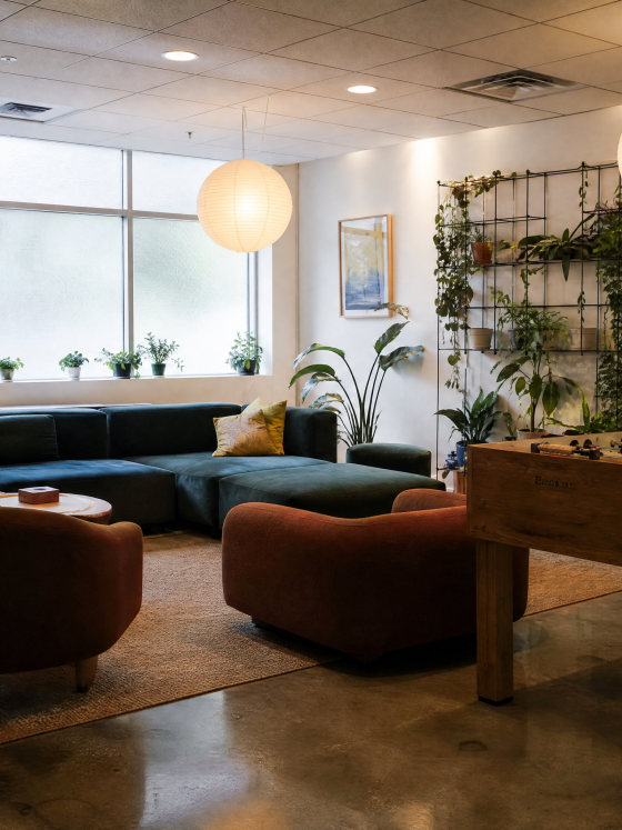Idée espace détente entreprise : canapé, fauteuils, table de baby-foot, plantes murales et luminaires