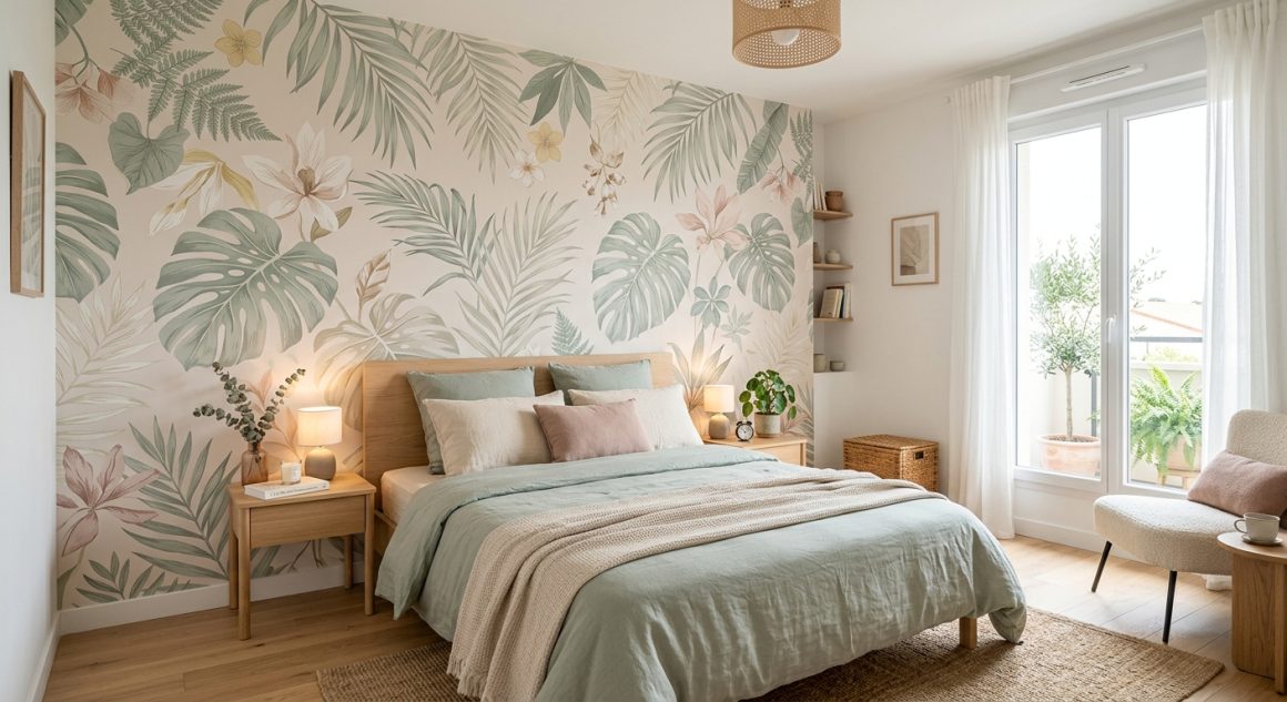 Chambre apaisante aux tons verts avec papier peint botanique, meubles en bois clair et textures naturelles