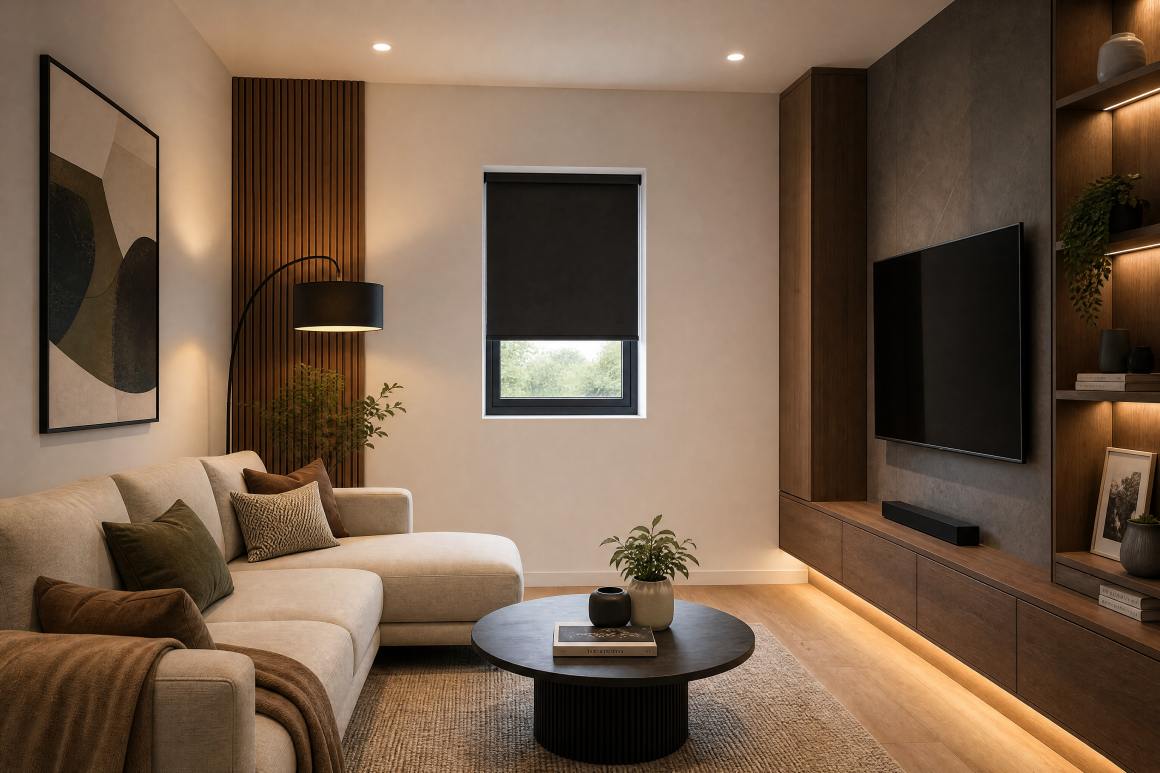 Salon incluant canapé, table basse, éclairage doux, mur TV et étagères en bois et fenêtre avec store noir