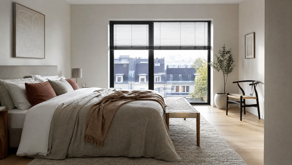 Chambre aux tons neutres avec grande fenêtre, lit king, textiles doux, plante et chaise design