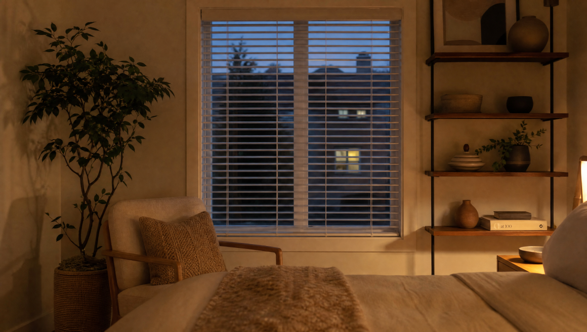Chambre chaleureuse au crépuscule : lit, fauteuil, plantes, étagères décoratives et lumière douce