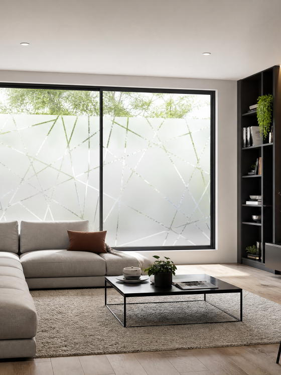 Canapé d'angle, fauteuil, table basse, plantes, TV murale et baie vitrée habillée avec film dépoli à motifs géométriques