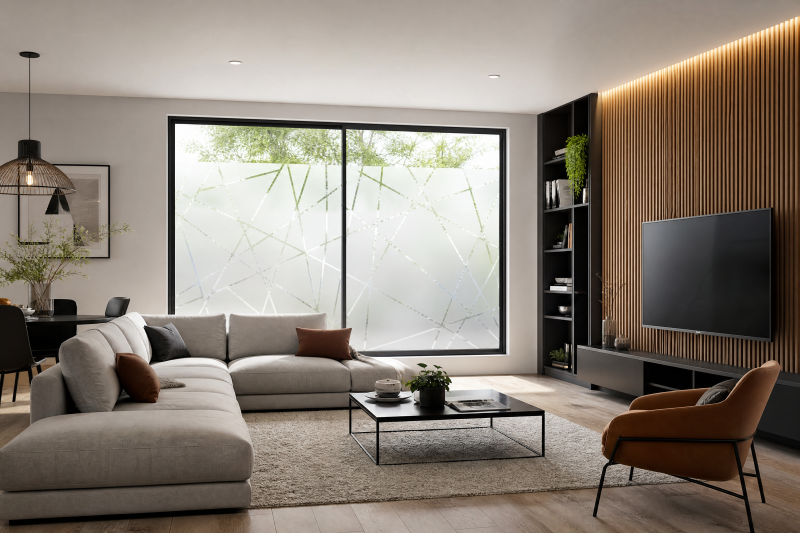 Canapé d'angle, fauteuil, table basse, plantes, TV murale et baie vitrée habillée avec film dépoli à motifs géométriques