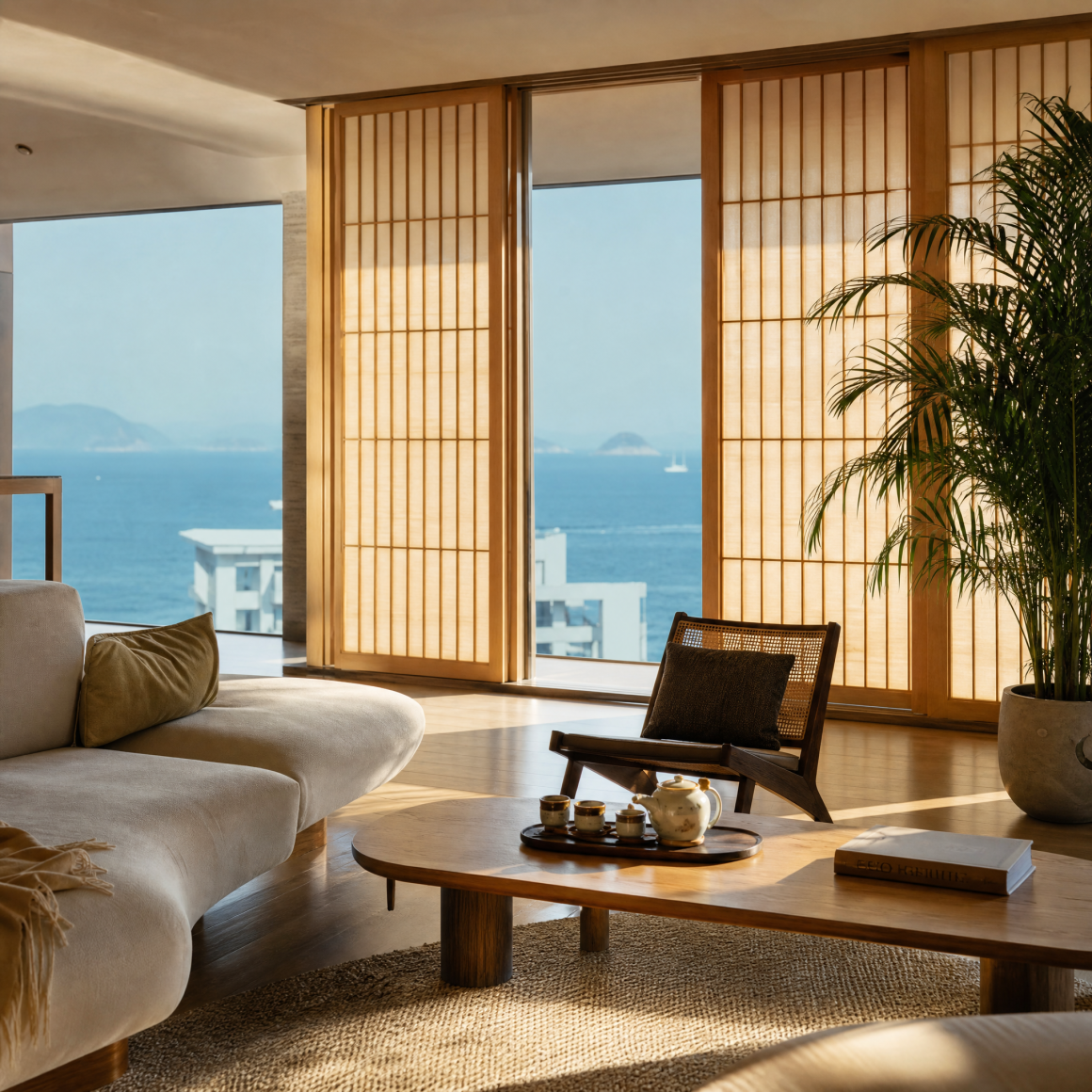 Salon avec vue sur mer incluant une baie vitrée habillée par des panneaux japonais et mobilier en bois