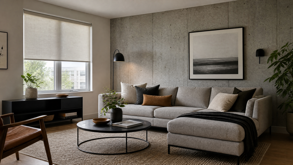 Canapé d’angle, table basse, tapis naturel et fenêtre avec store dans un salon moderne