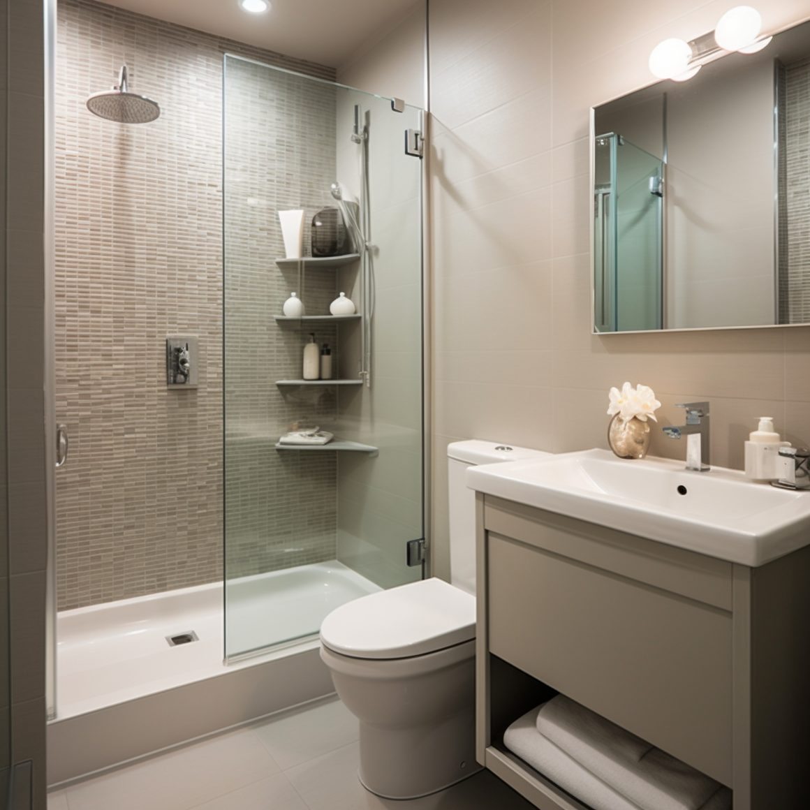 Douche vitrée, carrelage neutre, lavabo avec meuble rangement, WC et éclairage doux