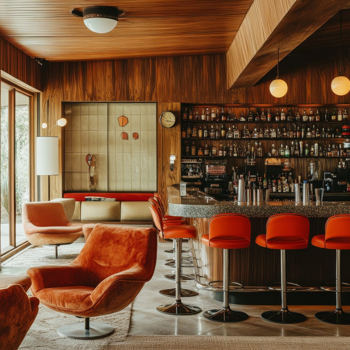 Déco bar restaurant rétro : fauteuils orange en velours, comptoir en terrazzo, étagères garnies de bouteilles et lumière douce
