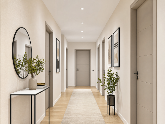 Couloir avec murs crème, portes grises, sol en bois clair, tapis, plantes, miroir et cadres