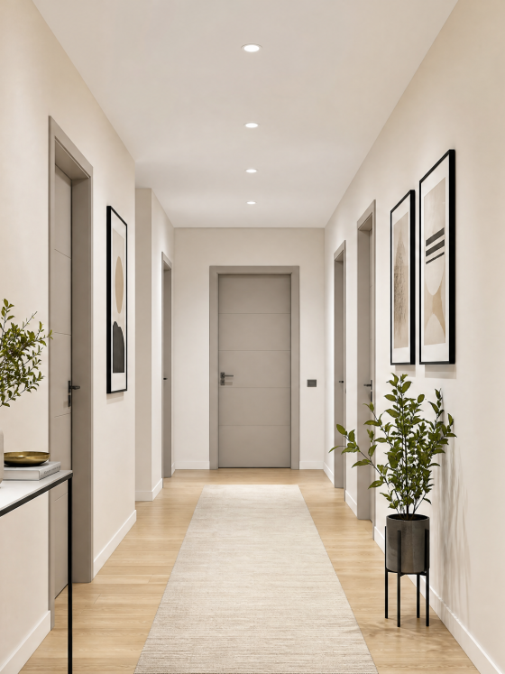 Couloir avec murs crème, portes grises, sol en bois clair, tapis, plantes, miroir et cadres