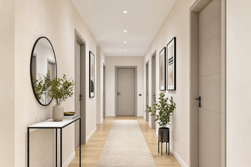 Couloir avec murs crème, portes grises, sol en bois clair, tapis, plantes, miroir et cadres