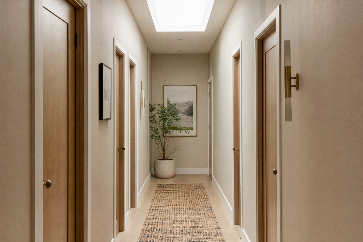Couloir lumineux avec portes en bois, tapis naturel, plante, éclairage zénithal et décor mural apaisant
