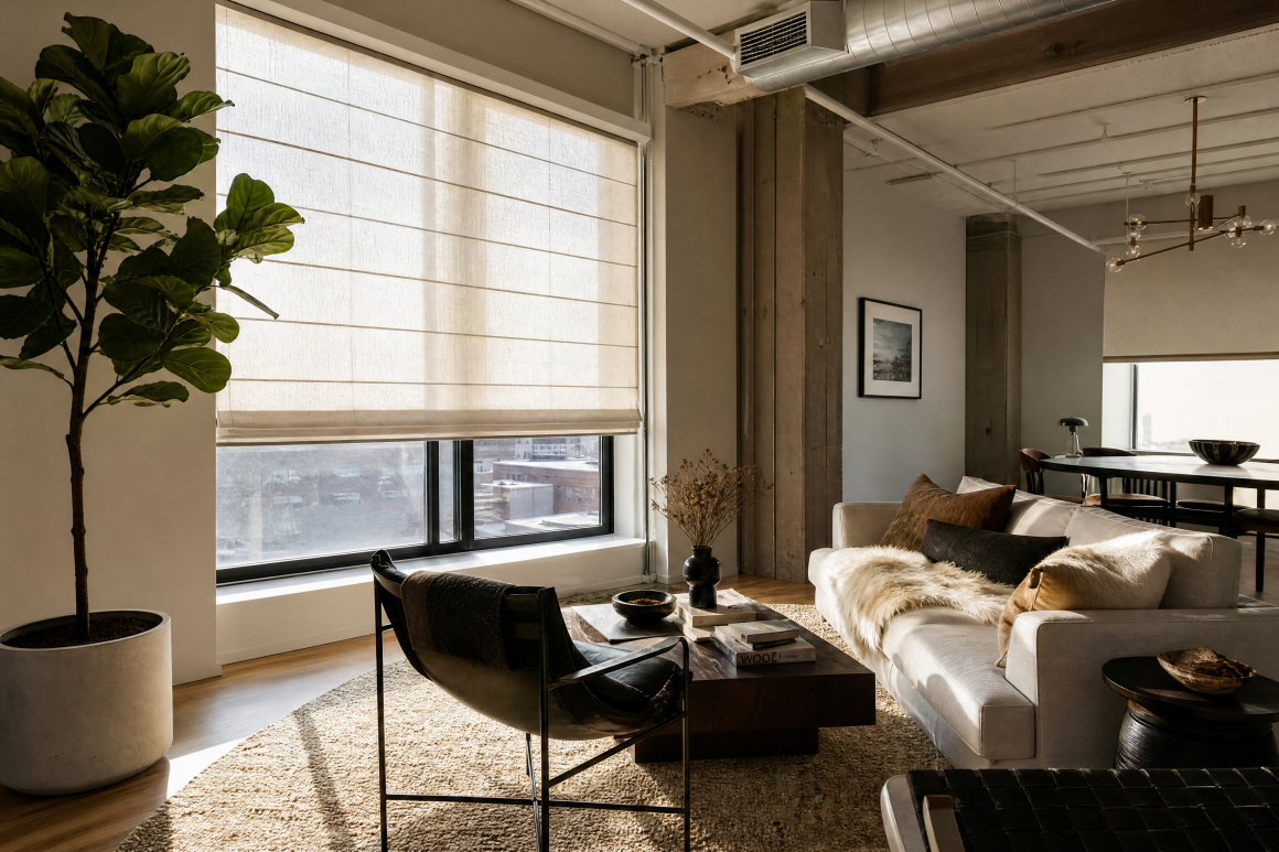 Salon avec grande fenêtre habillée par un store tamisant, canapé, fauteuil, table basse et plante
