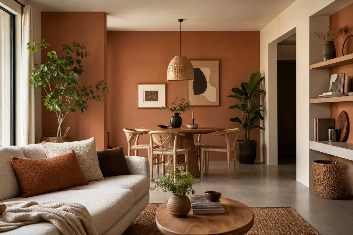 Séjour avec murs peints en Clay, mobilier en bois naturel, plantes, tapis et paniers tissées