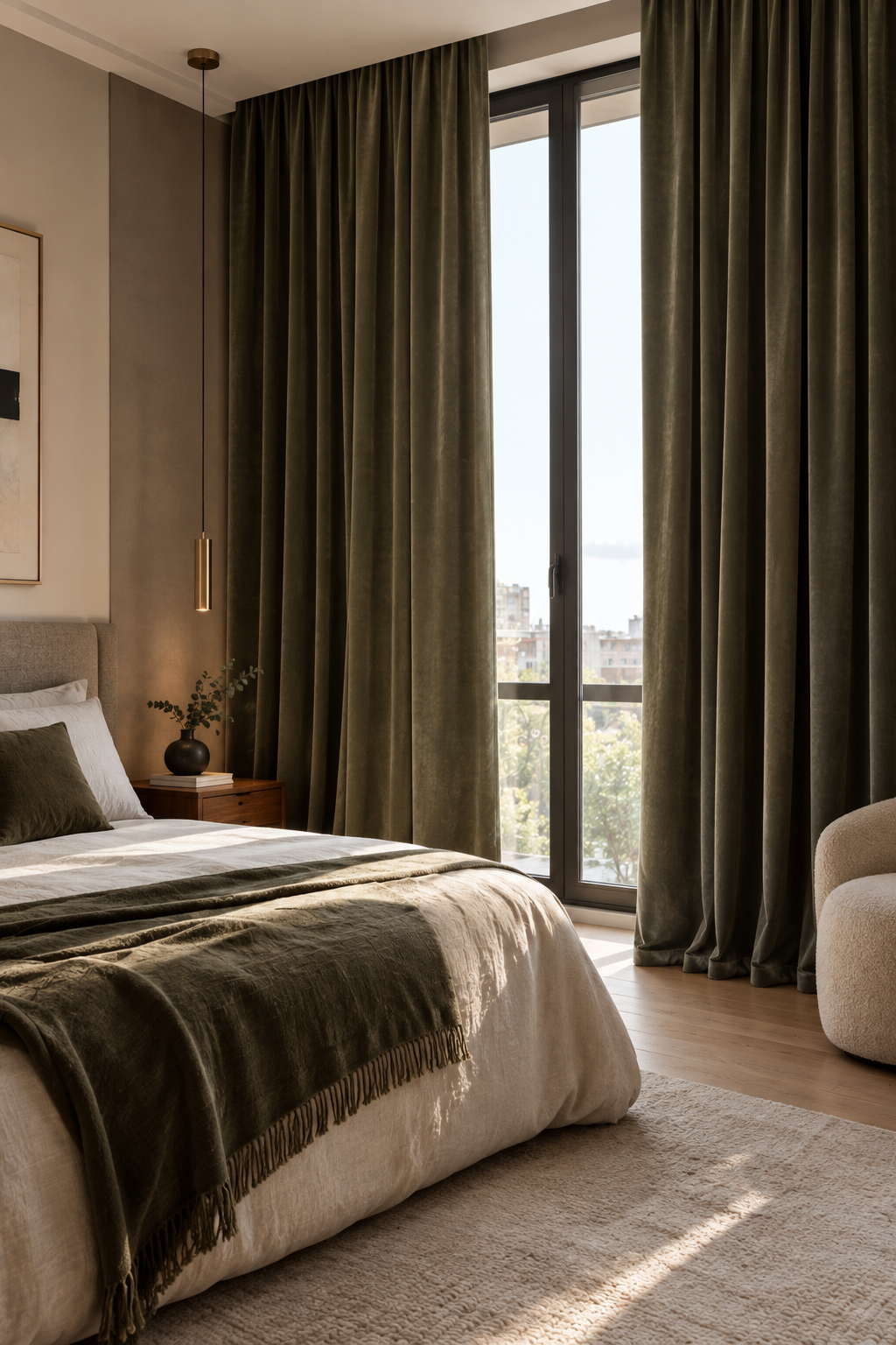 Chambre élégante aux tons neutres incluant rideaux vert en velours mat, lit, tapis et luminaire suspendu