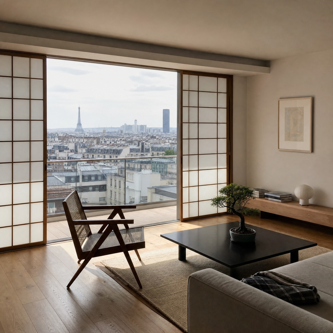 Salon avec grande baie vitrée habillée par un panneau japonais coulissant, fauteuil, table basse et canapé
