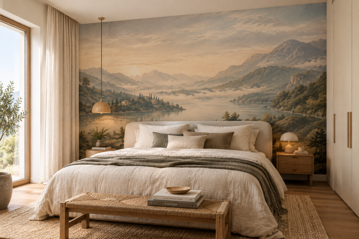 Chambre aux tons neutres avec lit, textures naturelles, grande fresque de paysage et lumière douce