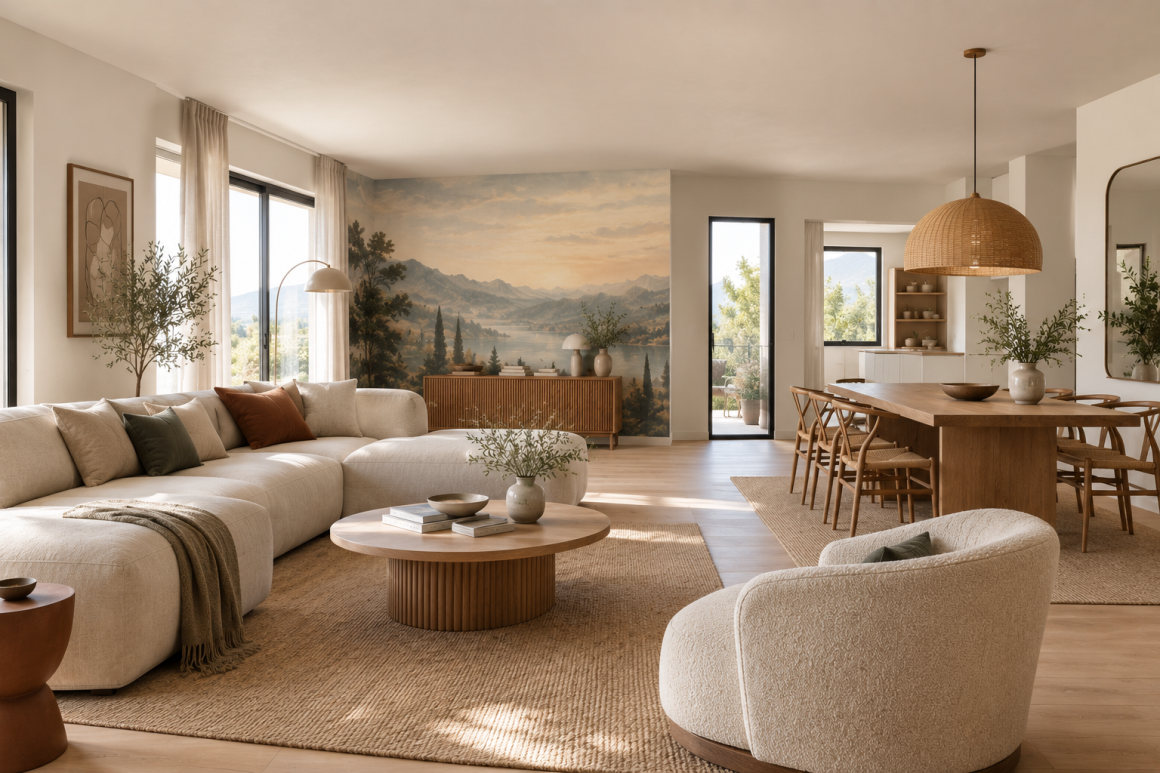 Séjour scandinave avec mur habillé par un papier peint panoramique, mobilier en bois et tapis en jute