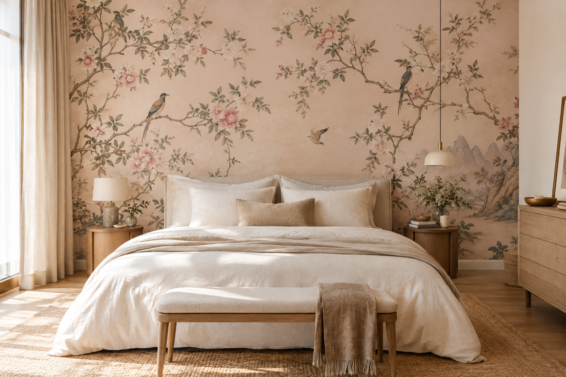 Chambre aux tons sable avec lit, papier peint floral avec oiseaux, luminaires doux et meubles en bois