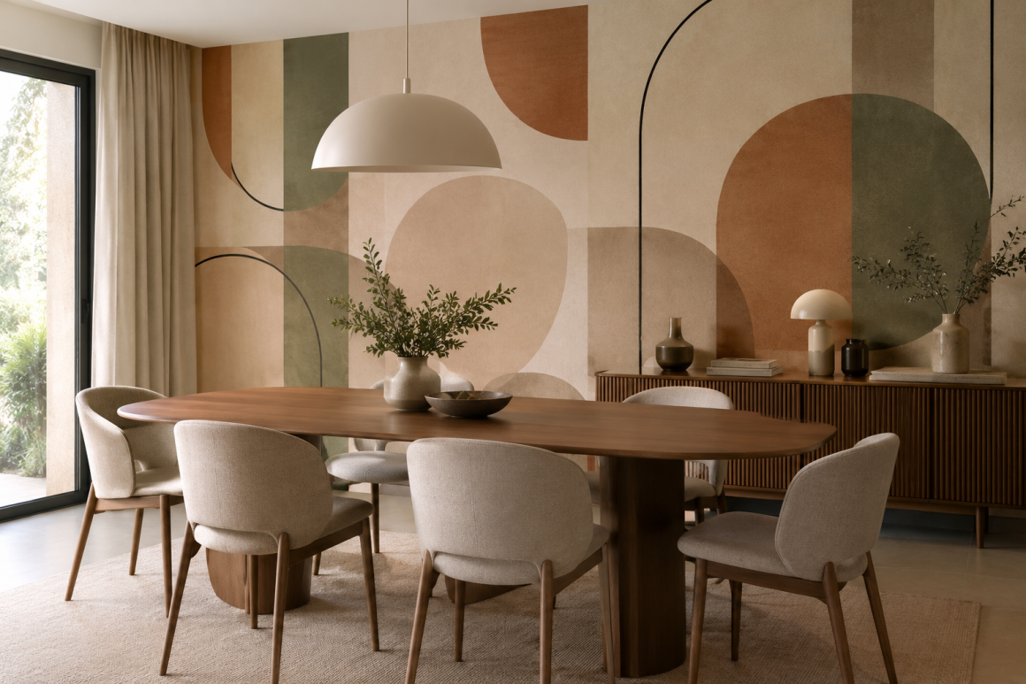 Table à manger en bois avec chaises rembourrées, papier peint géométrique, buffet et suspension