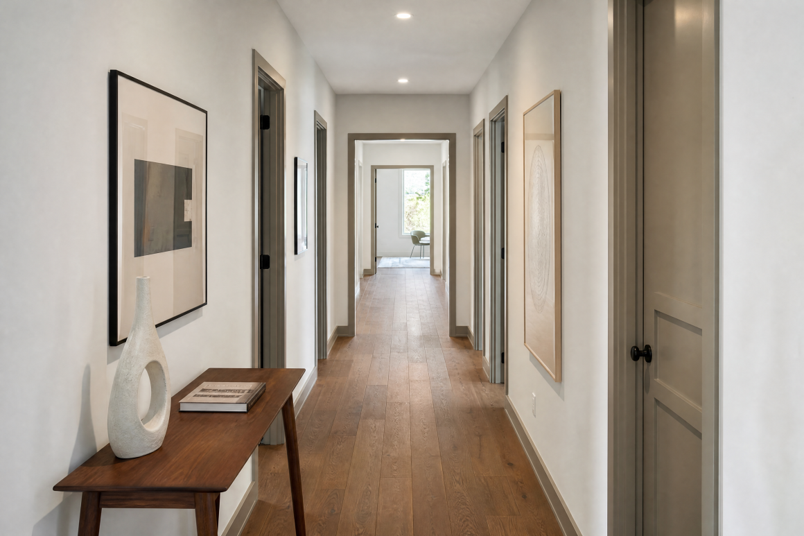 Couloir incluant murs blancs, portes grises, table en bois avec vase décoratif et œuvres d’art