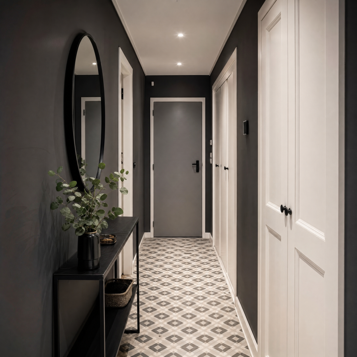 Couloir avec murs gris foncé, portes blanches, sols à motifs géométriques, console et miroir