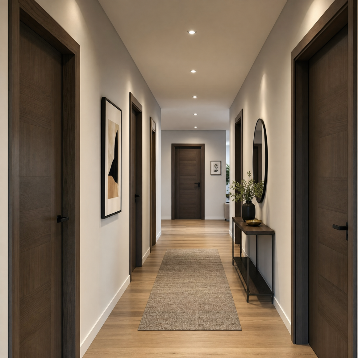 Idée peinture couloir avec portes : murs blancs, portes en bois foncé, parquet clair, miroir et éclairage encastré