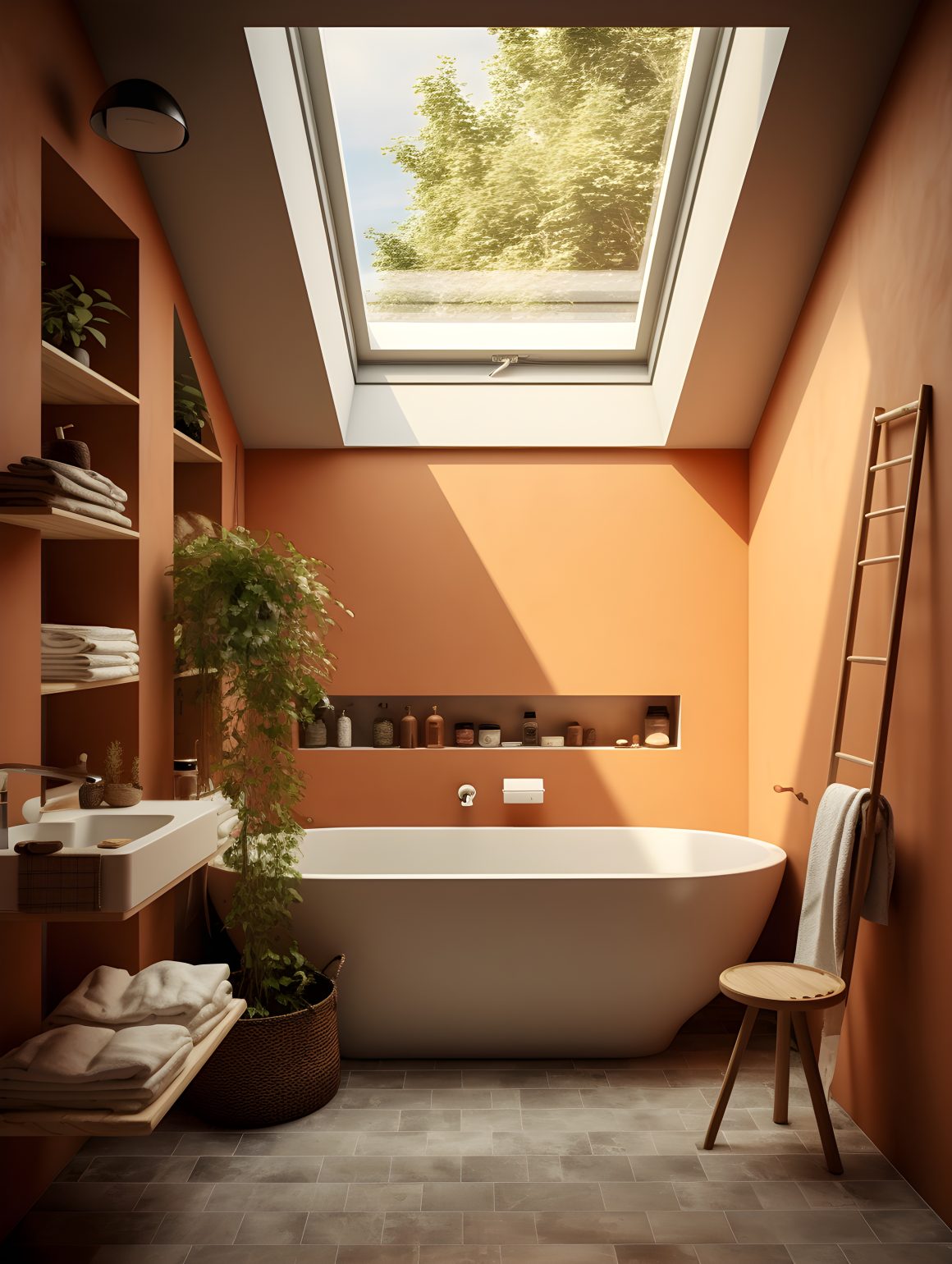 Salle de bain terracotta avec baignoire îlot blanche, plantes, étagères en bois et plante