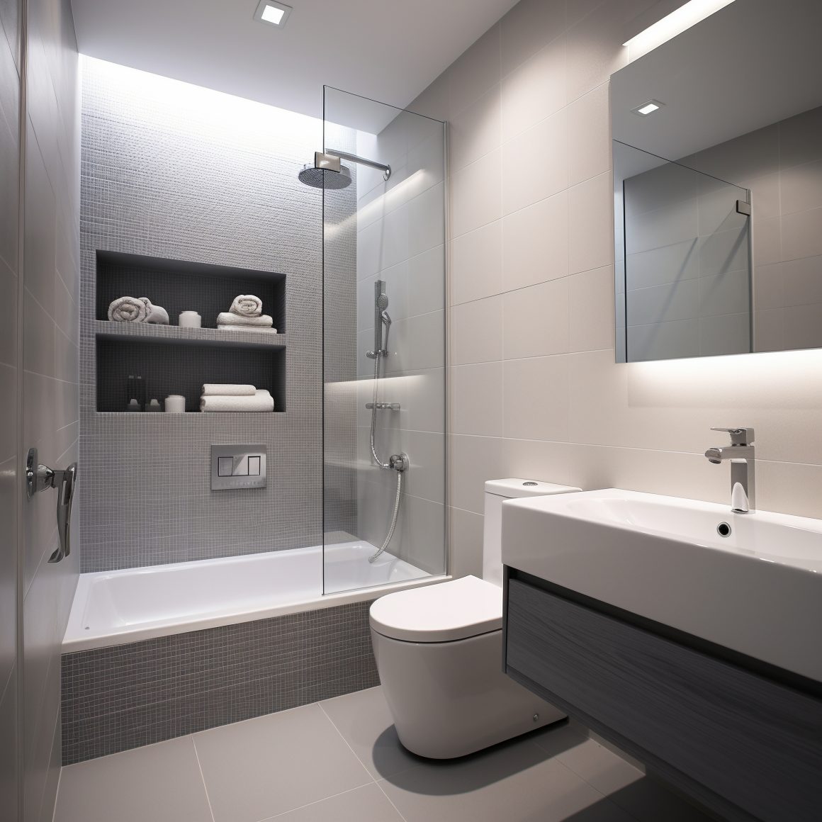 Petite salle de bain minimaliste : baignoire-douche vitrée, carrelage gris, meuble vasque flottant et miroir