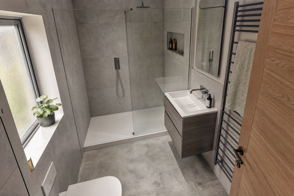 Petite salle de bain aux tons gris incluant douche à l'italienne, meuble vasque avec rangement et porte serviettes