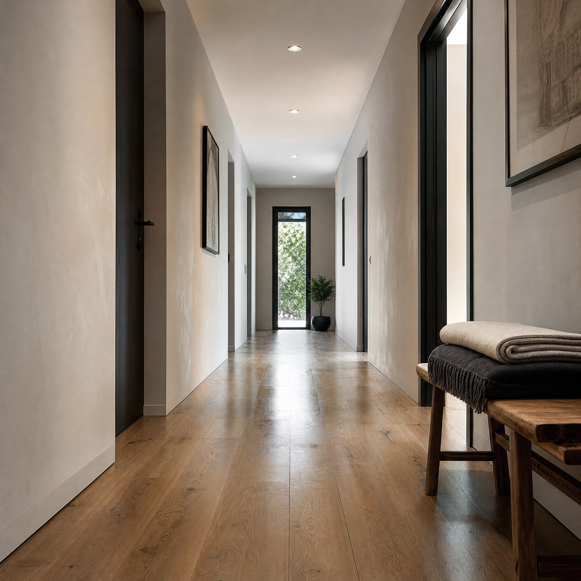 Couloir lumineux et minimaliste : sol en bois, murs clairs, portes sombres, banc avec plaids et plante