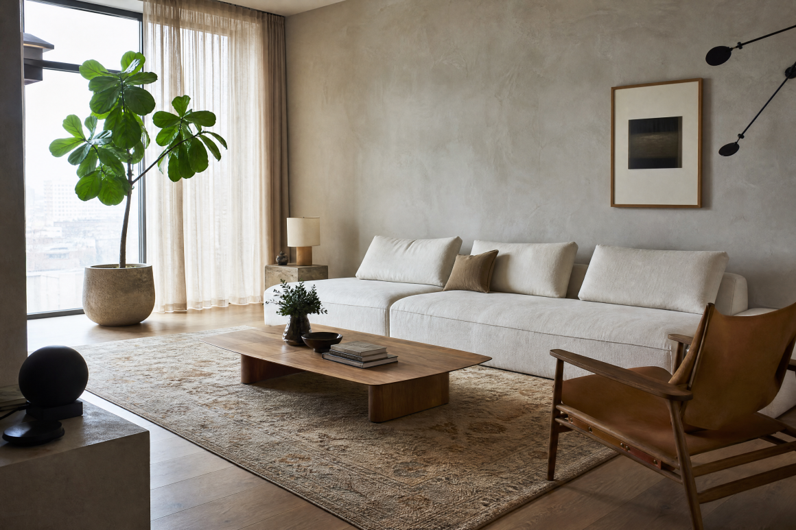 Salon aménagé avec canapé crème, table basse en bois, fauteuil cuir, grande plante et tapis texturé