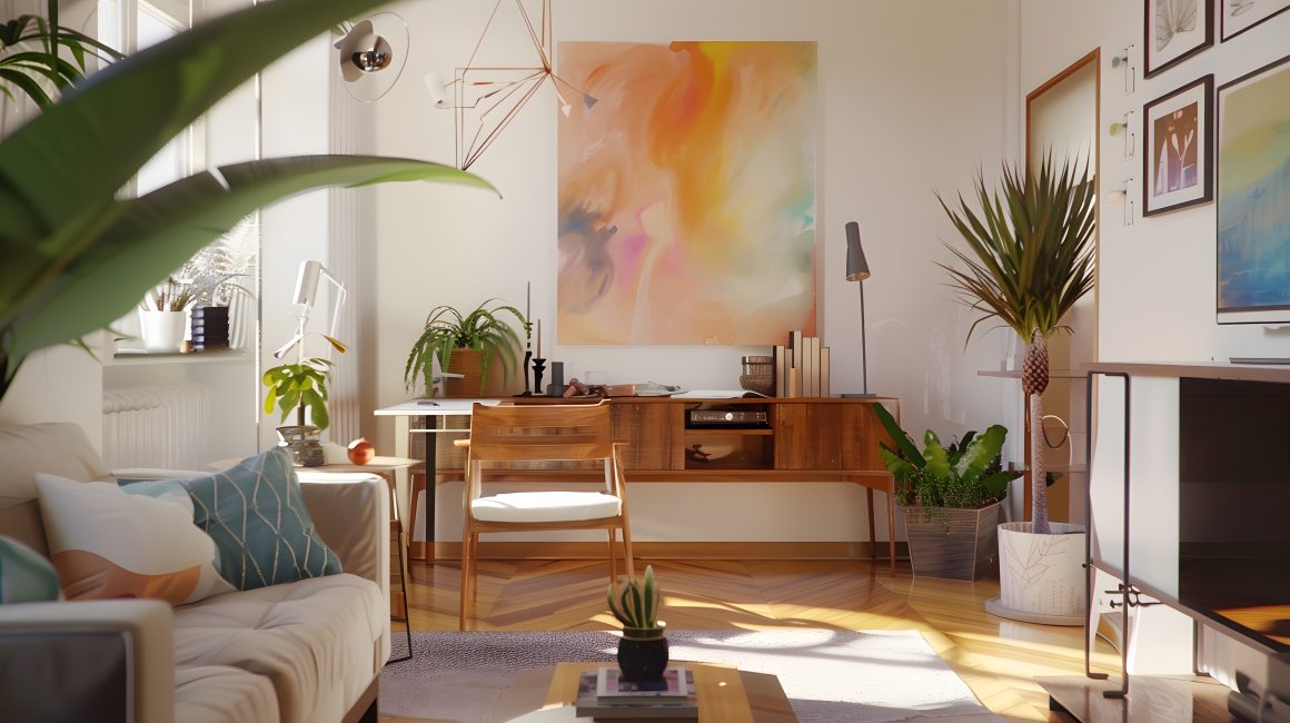 Salon scandinave : canapé, plantes, console en bois et grande peinture abstraite